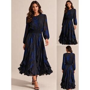 Vintage Diane Freis Silk Dress Beaded Floral Smocked Waist Hong Kong